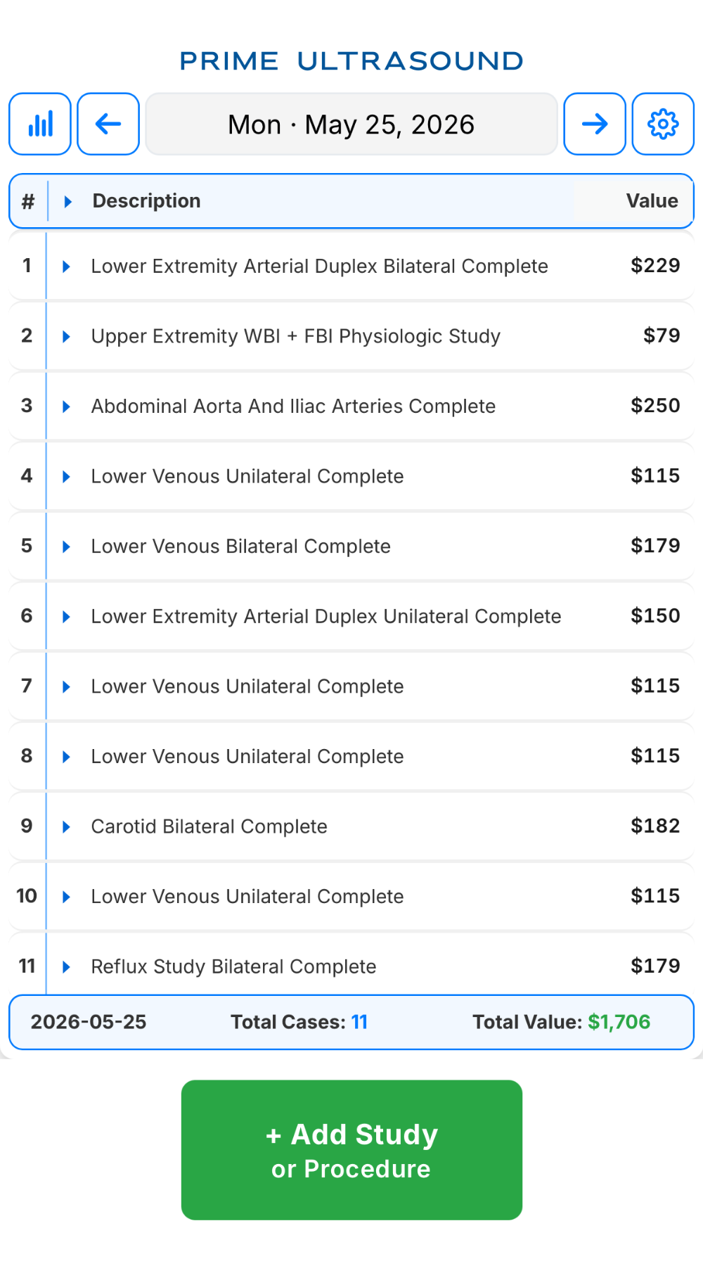 Prime Ultrasound case log on mobile — 11 cases logged with total value $1,706
